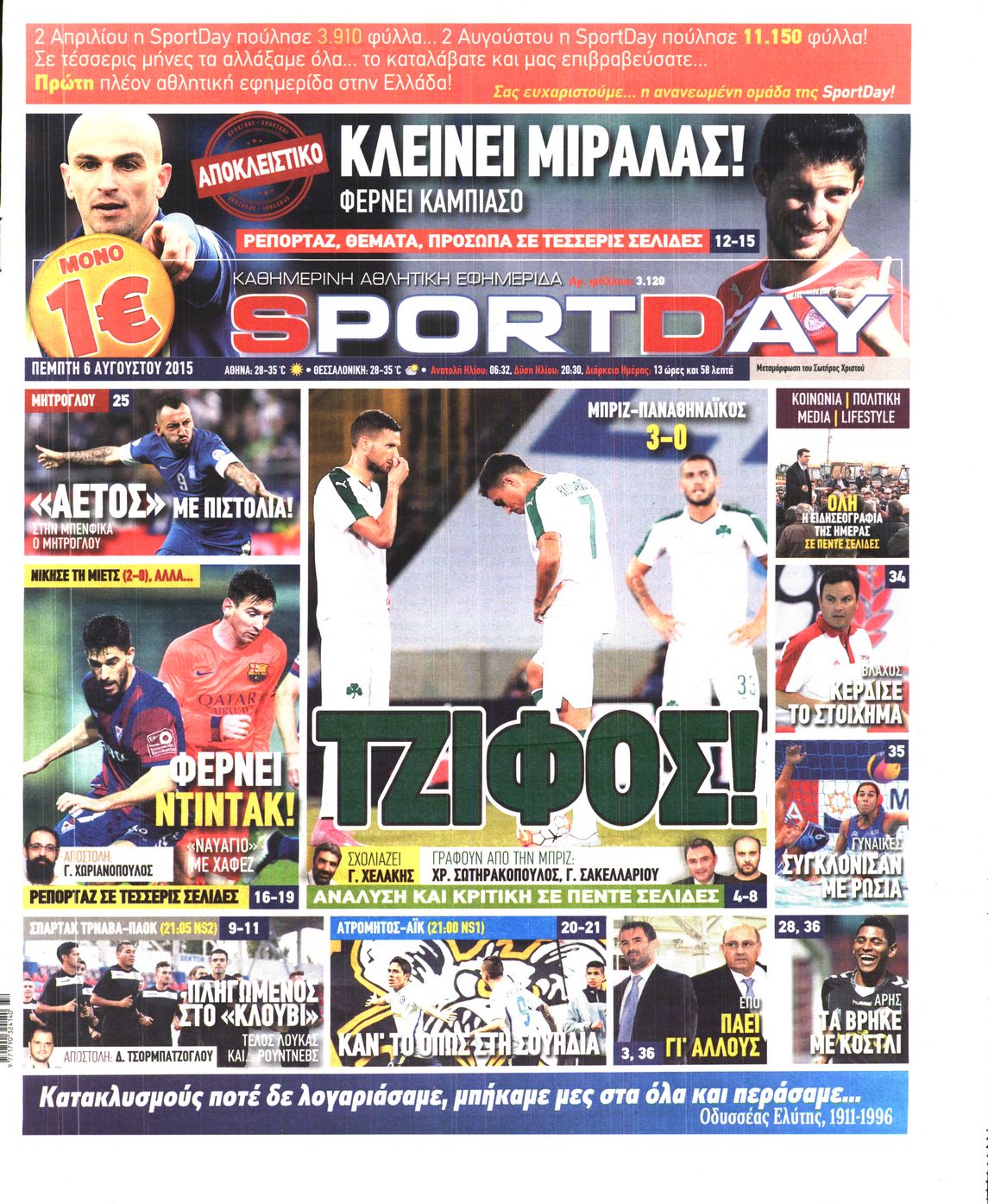 Εξώφυλο εφημερίδας SPORTDAY 2015-08-06