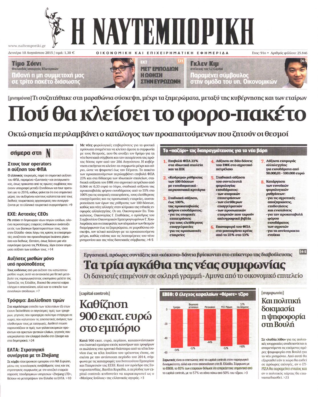 Εξώφυλο εφημερίδας ΝΑΥΤΕΜΠΟΡΙΚΗ 2015-08-10