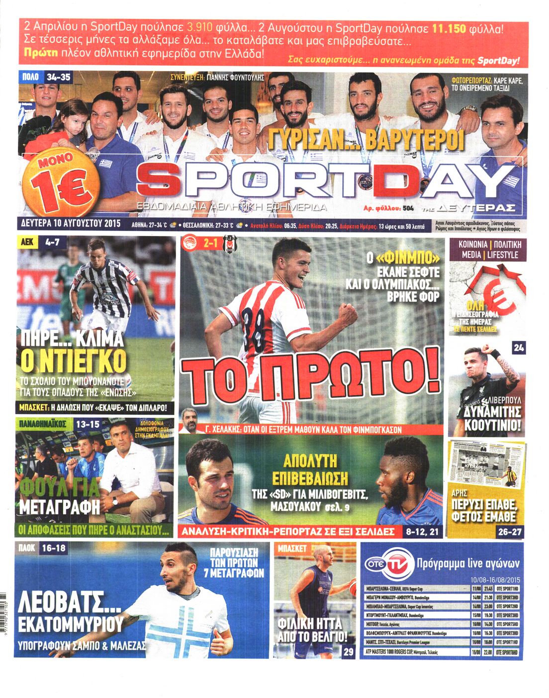 Εξώφυλο εφημερίδας SPORTDAY 2015-08-10