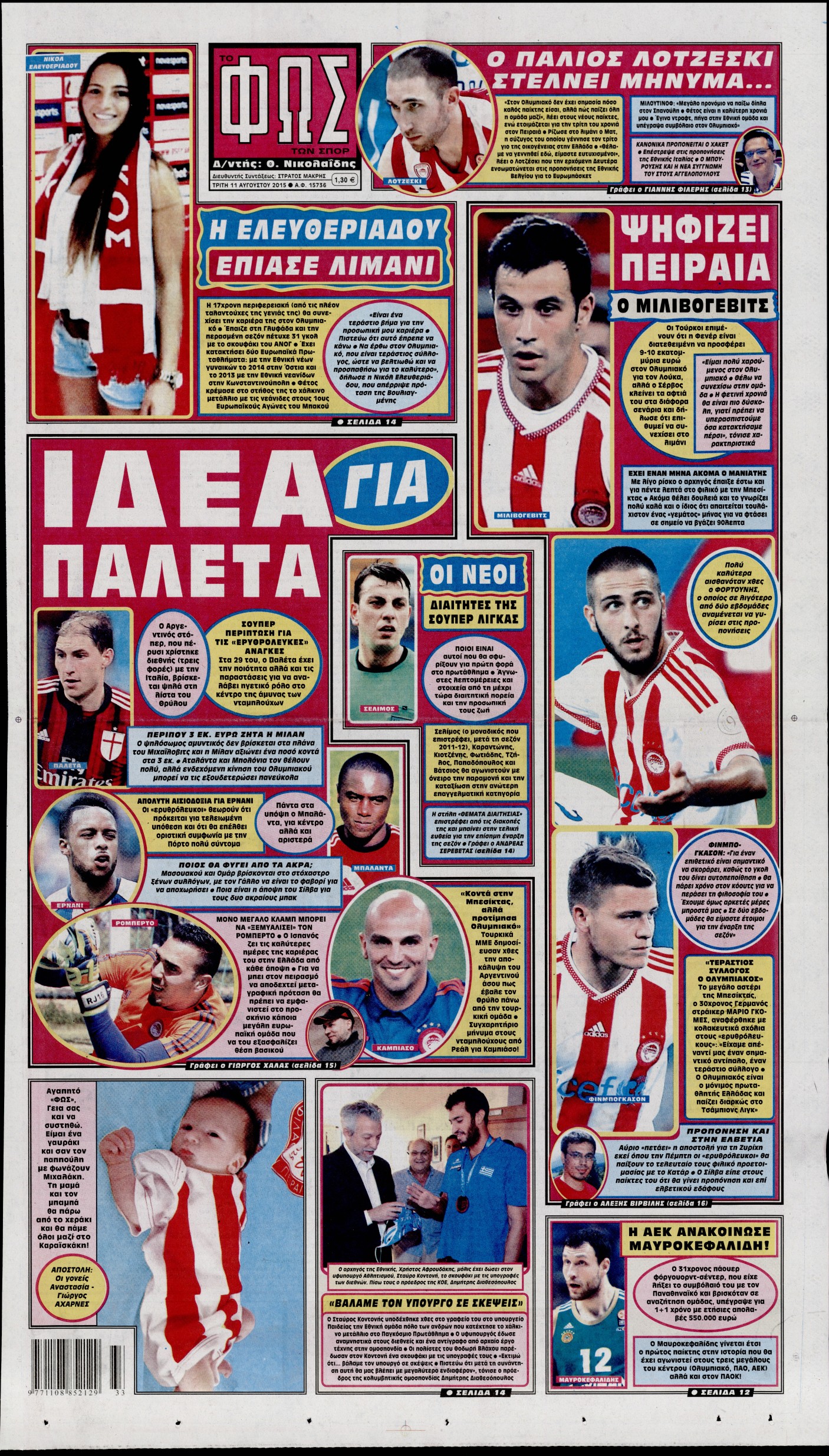 Εξώφυλο εφημερίδας ΦΩΣ ΤΩΝ ΣΠΟΡ 2015-08-11