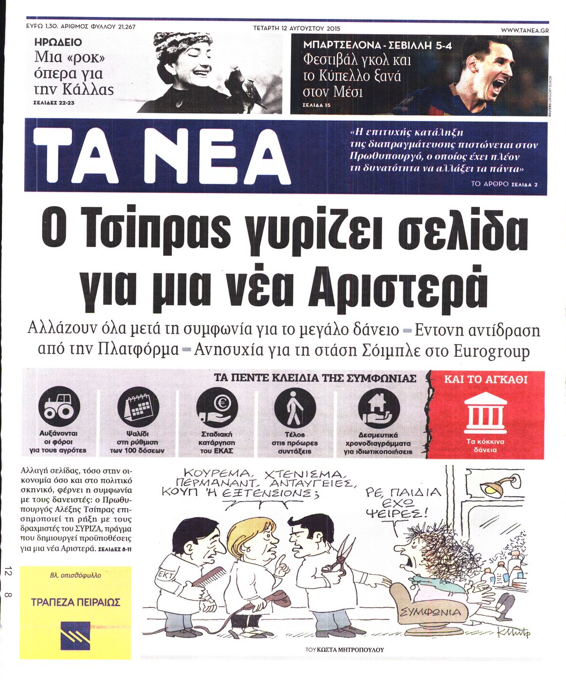 Εξώφυλο εφημερίδας ΤΑ ΝΕΑ 2015-08-12