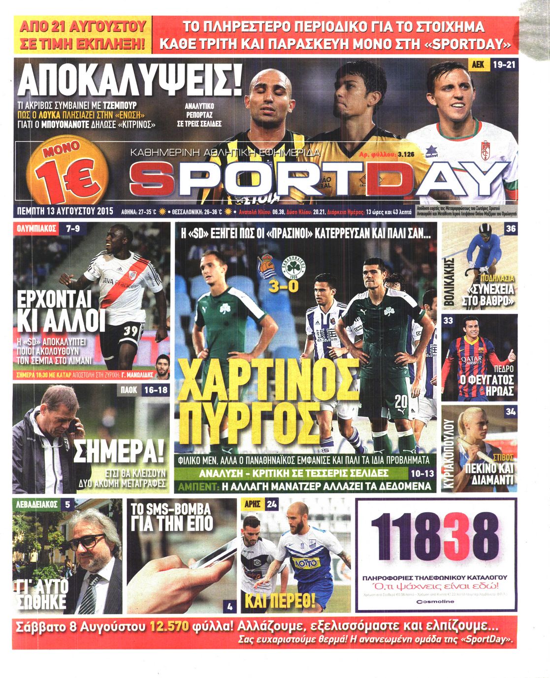 Εξώφυλο εφημερίδας SPORTDAY 2015-08-13