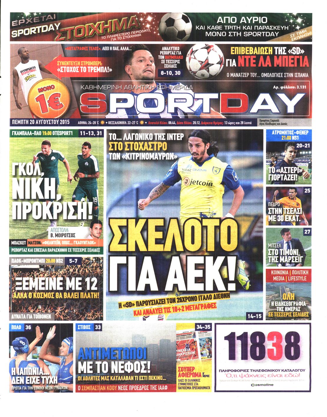 Εξώφυλο εφημερίδας SPORTDAY 2015-08-20
