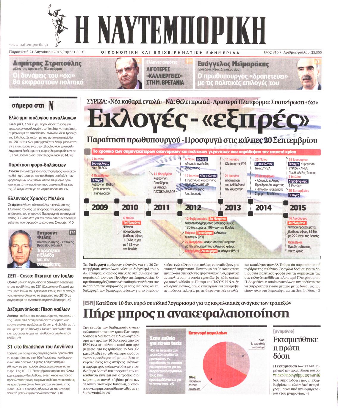 Εξώφυλο εφημερίδας ΝΑΥΤΕΜΠΟΡΙΚΗ 2015-08-21