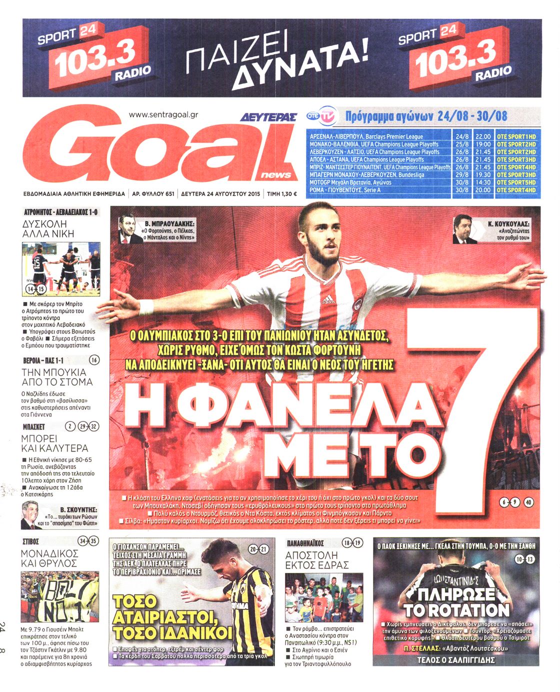 Εξώφυλο εφημερίδας GOAL 2015-08-24