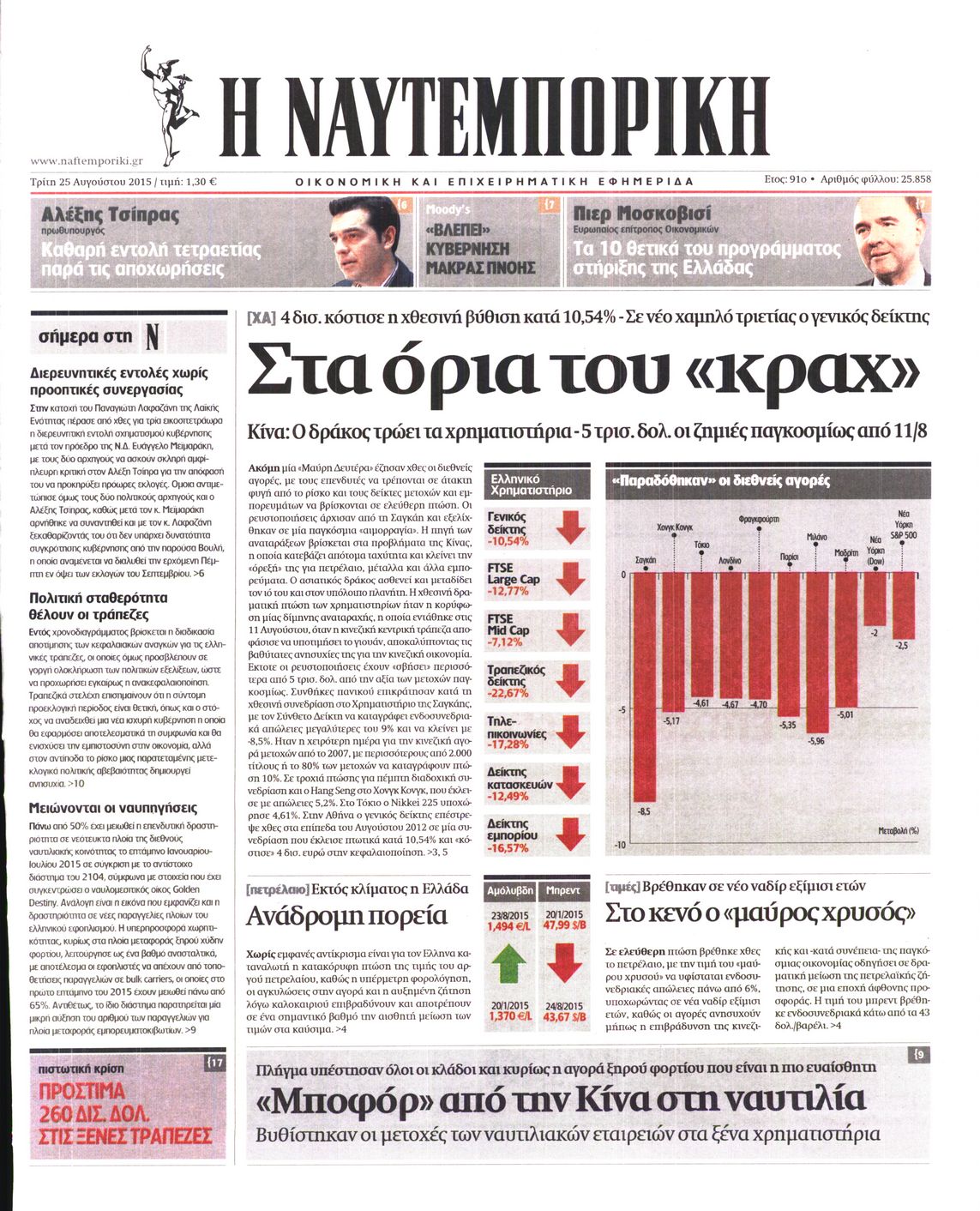 Εξώφυλο εφημερίδας ΝΑΥΤΕΜΠΟΡΙΚΗ 2015-08-25