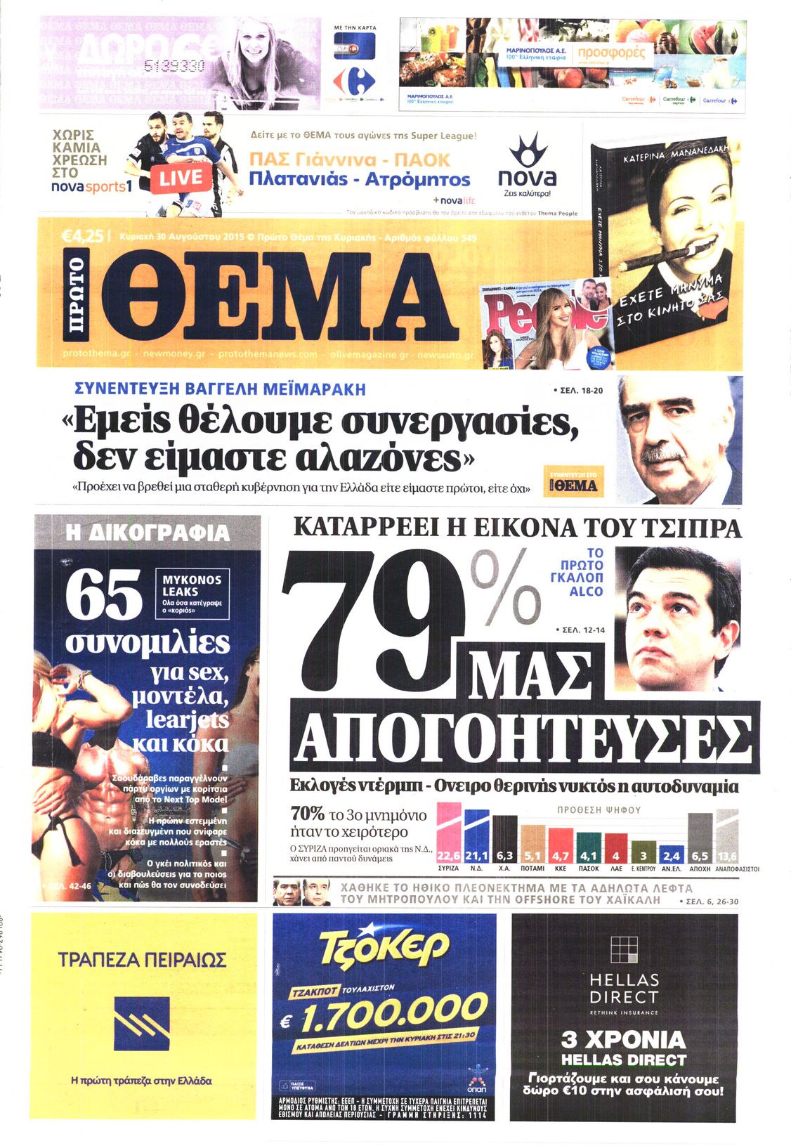 Εξώφυλο εφημερίδας ΠΡΩΤΟ ΘΕΜΑ 2015-08-30