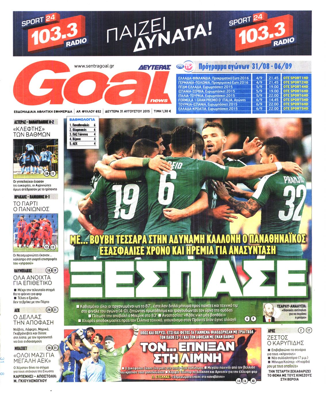 Εξώφυλο εφημερίδας GOAL 2015-08-31