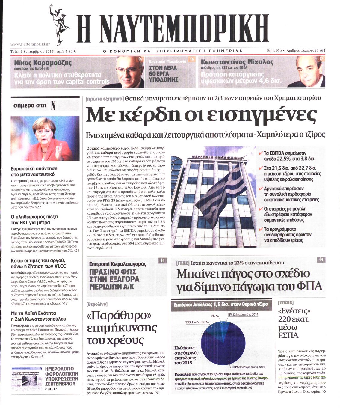 Εξώφυλο εφημερίδας ΝΑΥΤΕΜΠΟΡΙΚΗ 2015-09-01