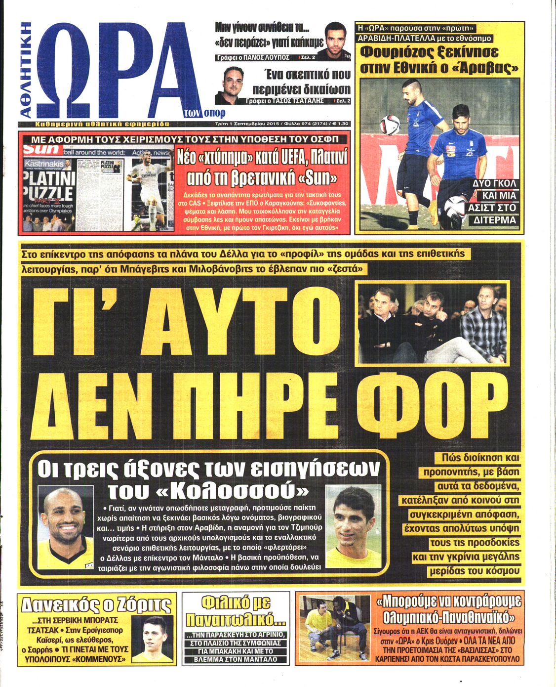 Εξώφυλο εφημερίδας ΩΡΑ ΓΙΑ ΣΠΟΡ 2015-09-01