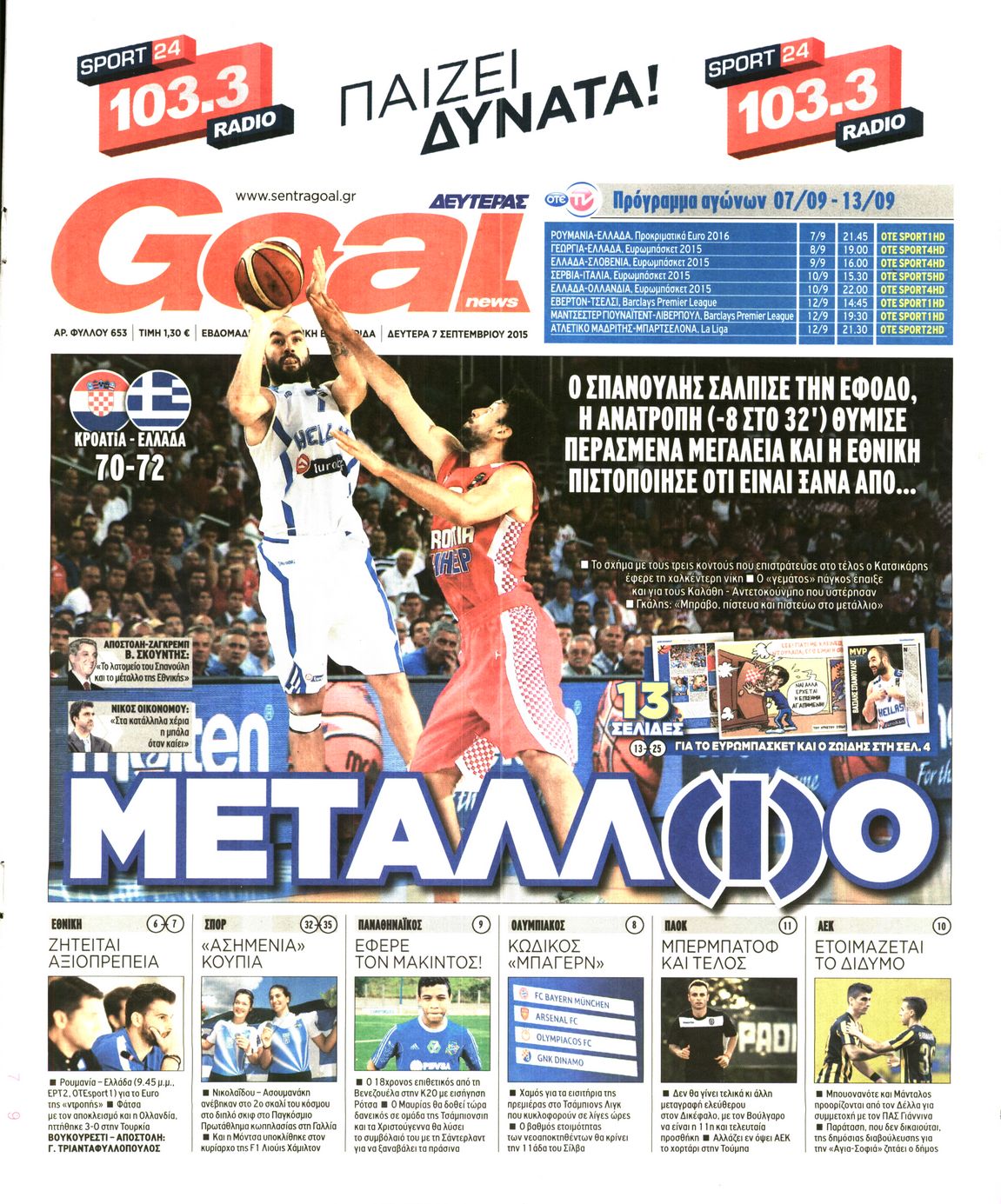 Εξώφυλο εφημερίδας GOAL 2015-09-07