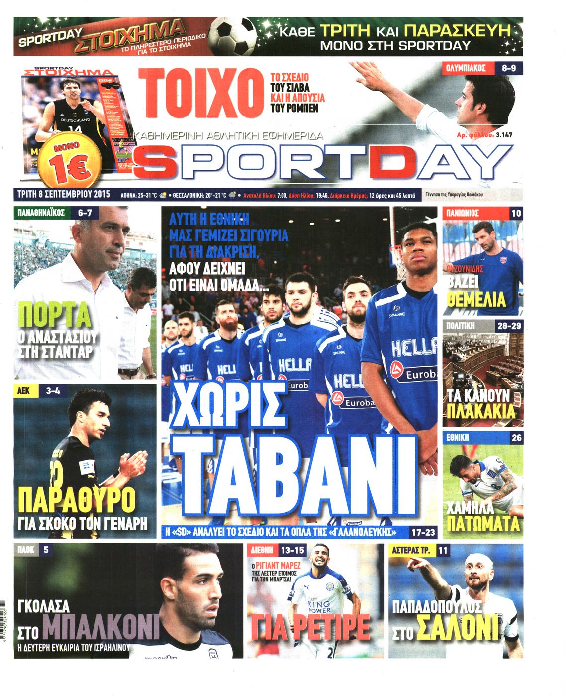 Εξώφυλο εφημερίδας SPORTDAY 2015-09-08
