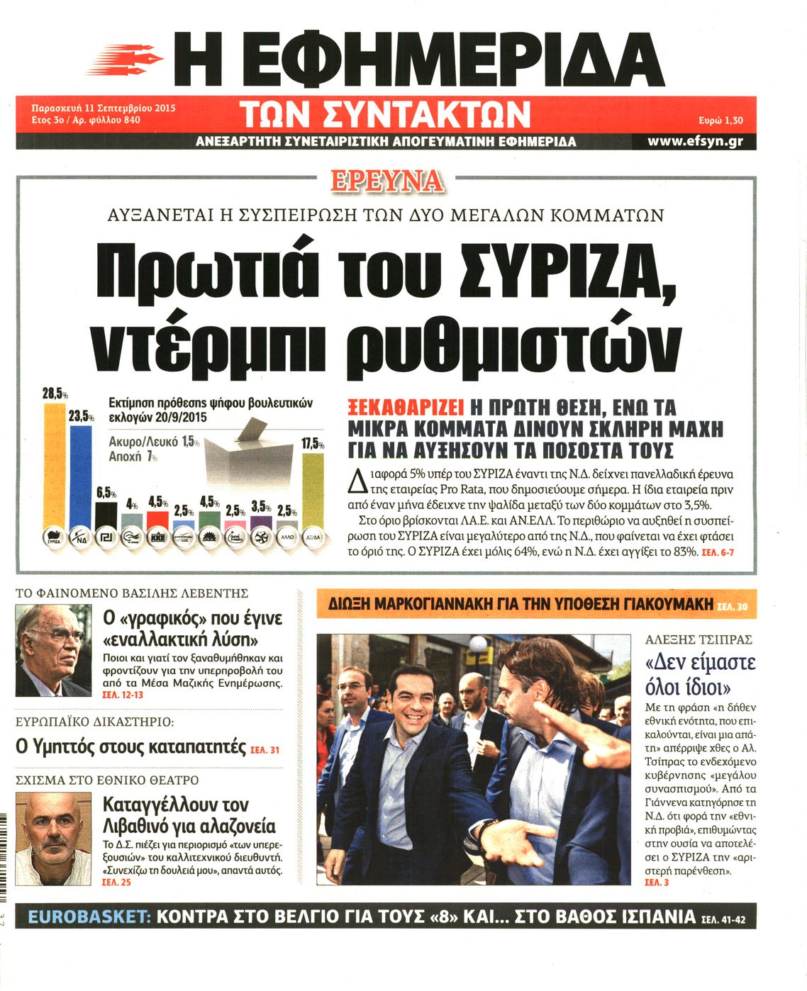 Εξώφυλο εφημερίδας ΤΩΝ ΣΥΝΤΑΚΤΩΝ 2015-09-11