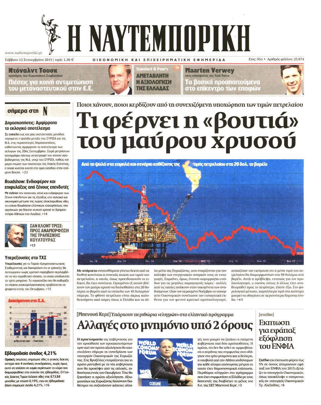 Εξώφυλο εφημερίδας ΝΑΥΤΕΜΠΟΡΙΚΗ 2015-09-12
