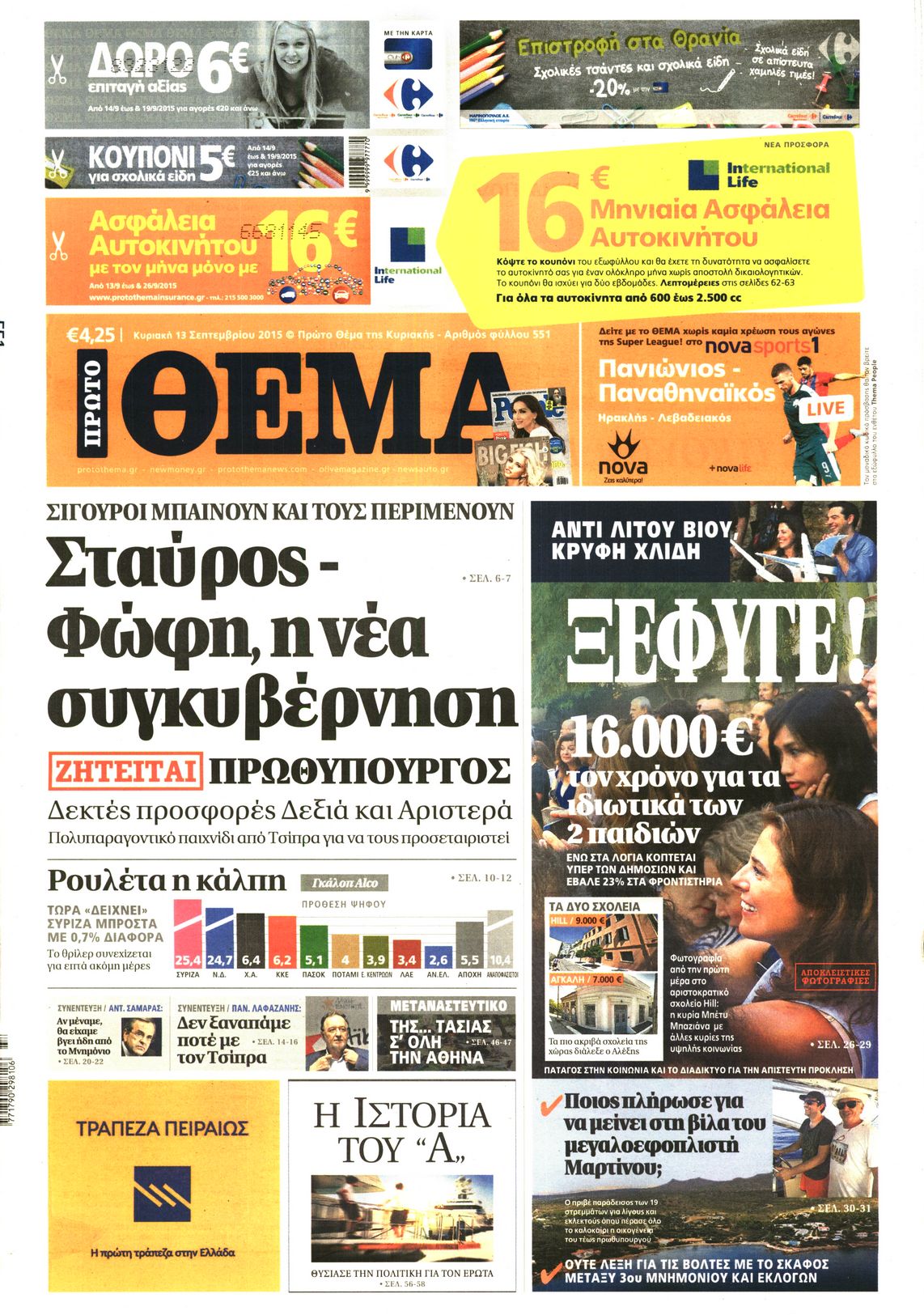 Εξώφυλο εφημερίδας ΠΡΩΤΟ ΘΕΜΑ 2015-09-13