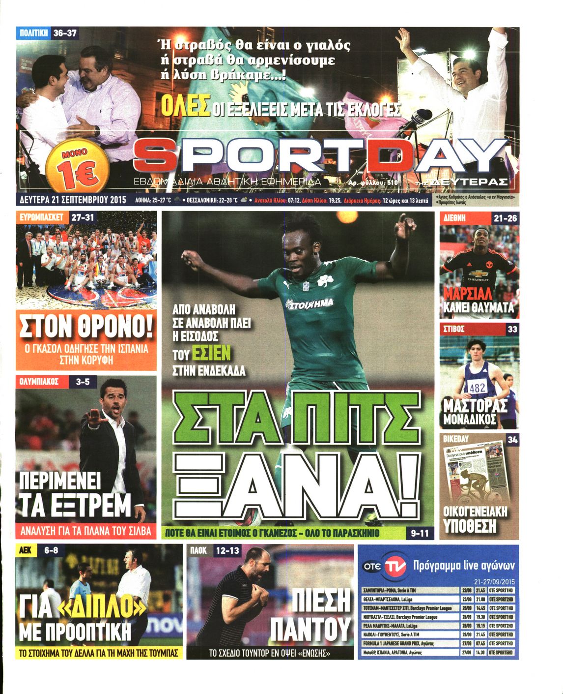 Εξώφυλο εφημερίδας SPORTDAY 2015-09-21