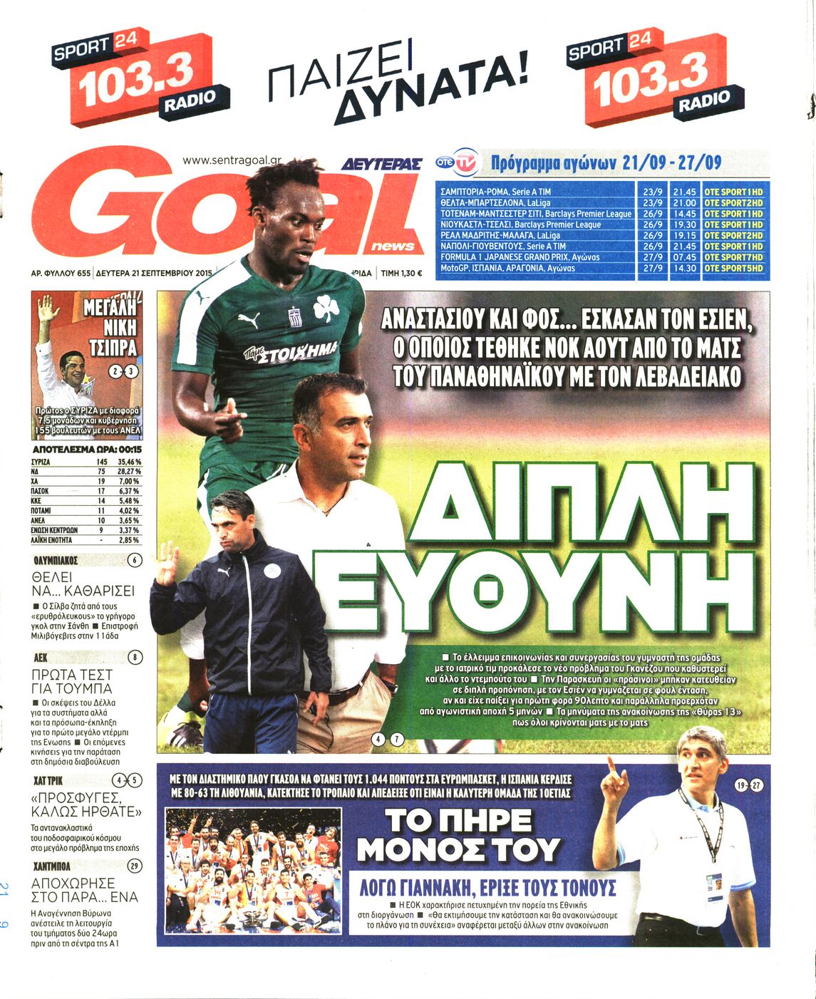 Εξώφυλο εφημερίδας GOAL 2015-09-21