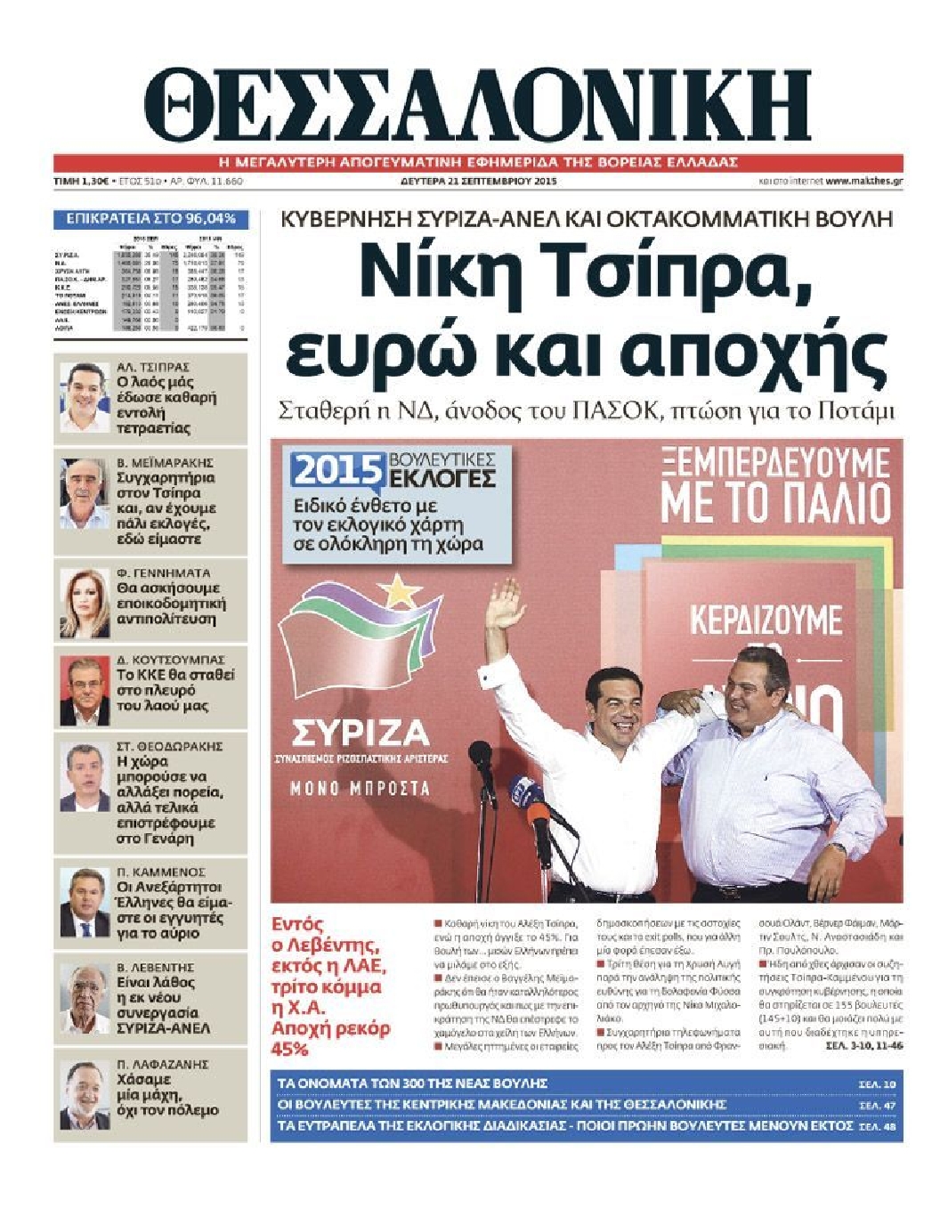 Εξώφυλο εφημερίδας ΘΕΣΣΑΛΟΝΙΚΗ 2015-09-21