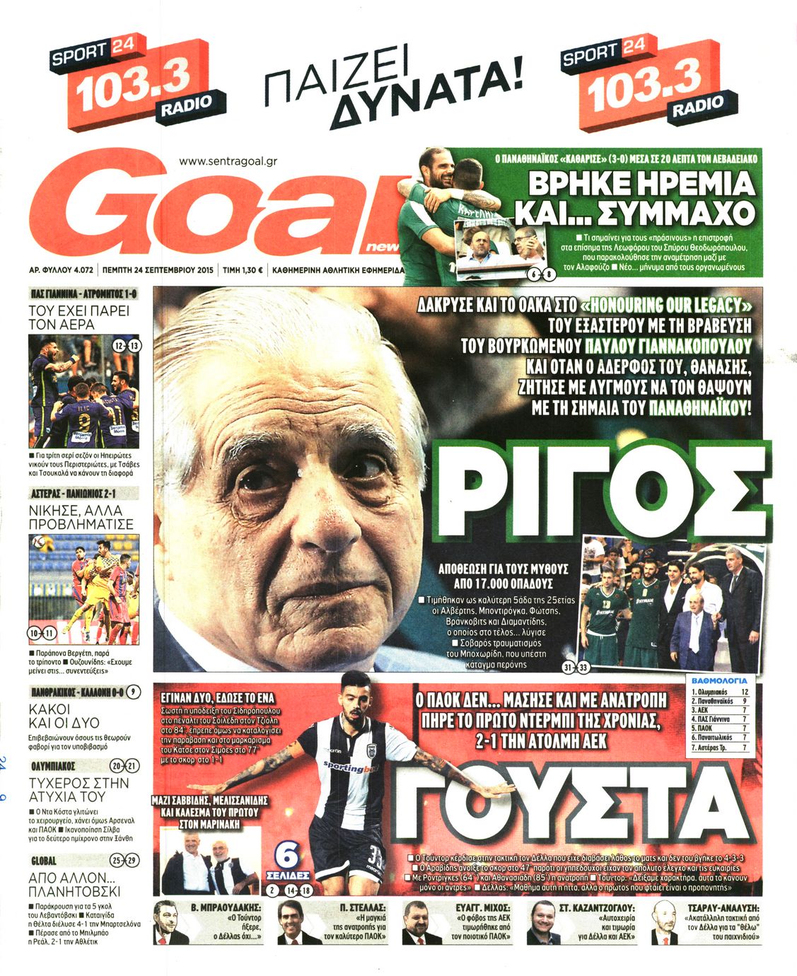 Εξώφυλο εφημερίδας GOAL 2015-09-24