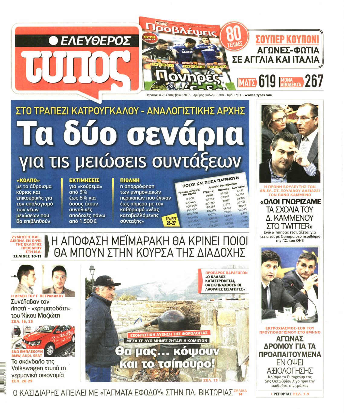 Εξώφυλο εφημερίδας ΕΛΕΥΘΕΡΟΣ ΤΥΠΟΣ 2015-09-25