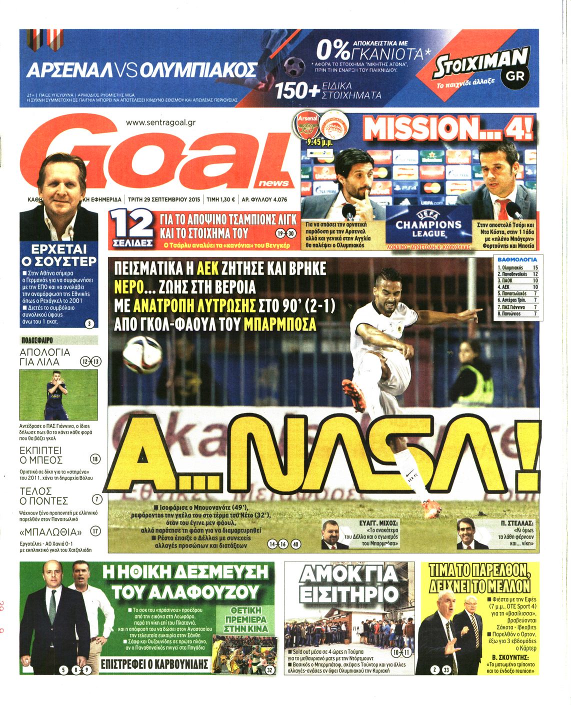 Εξώφυλο εφημερίδας GOAL 2015-09-29