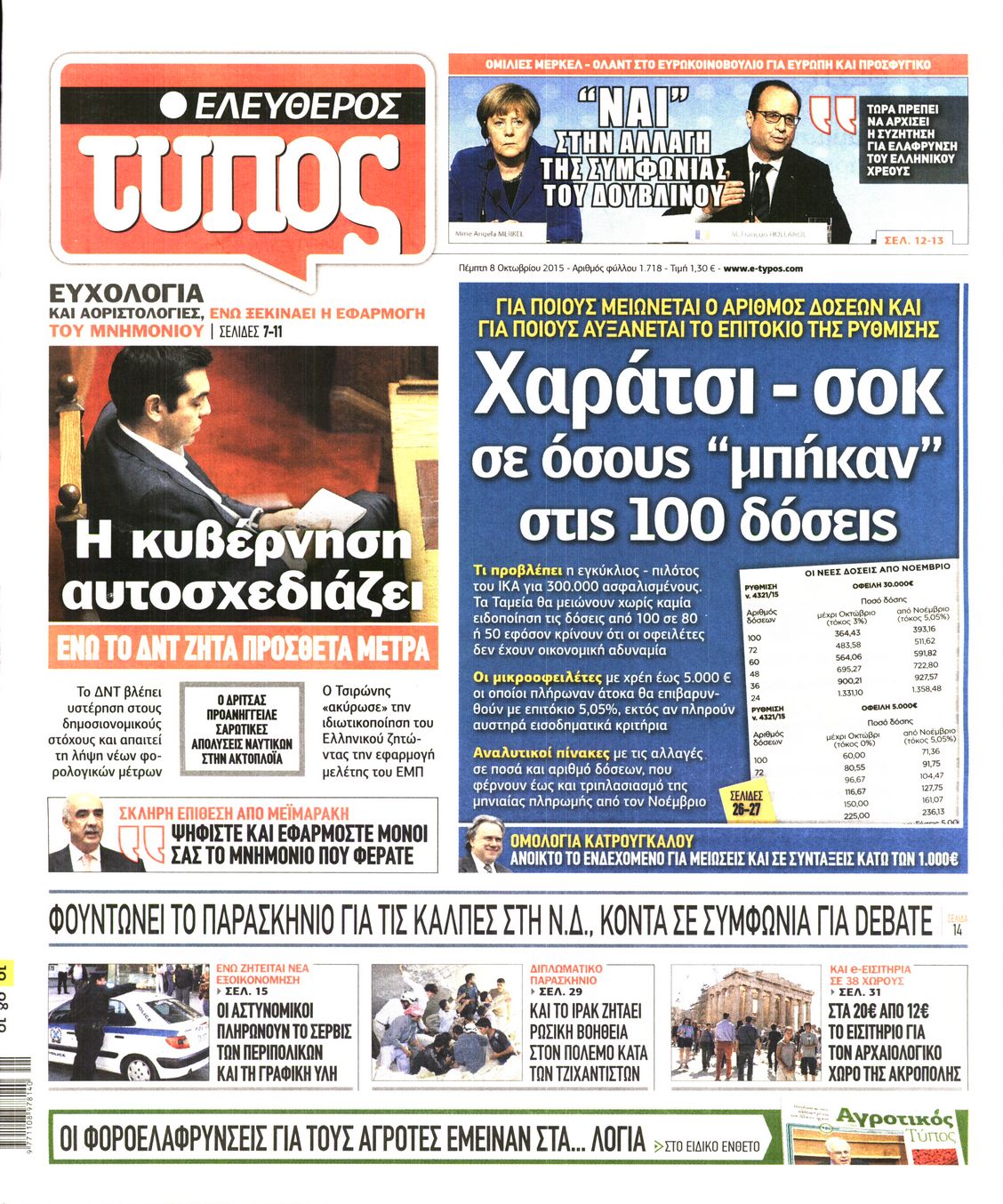 Εξώφυλο εφημερίδας ΕΛΕΥΘΕΡΟΣ ΤΥΠΟΣ 2015-10-08
