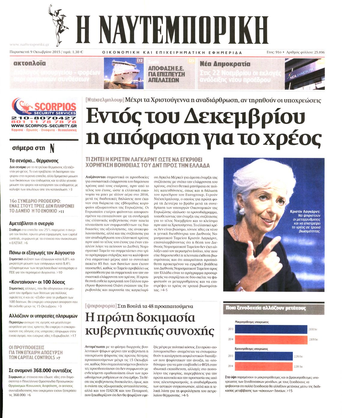Εξώφυλο εφημερίδας ΝΑΥΤΕΜΠΟΡΙΚΗ 2015-10-09