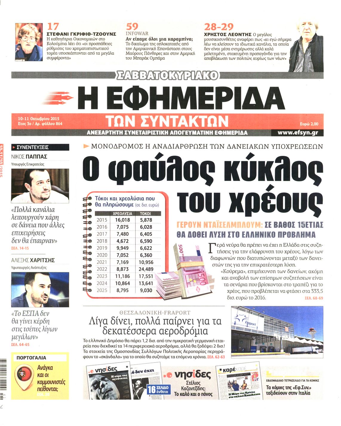 Εξώφυλο εφημερίδας ΤΩΝ ΣΥΝΤΑΚΤΩΝ 2015-10-10