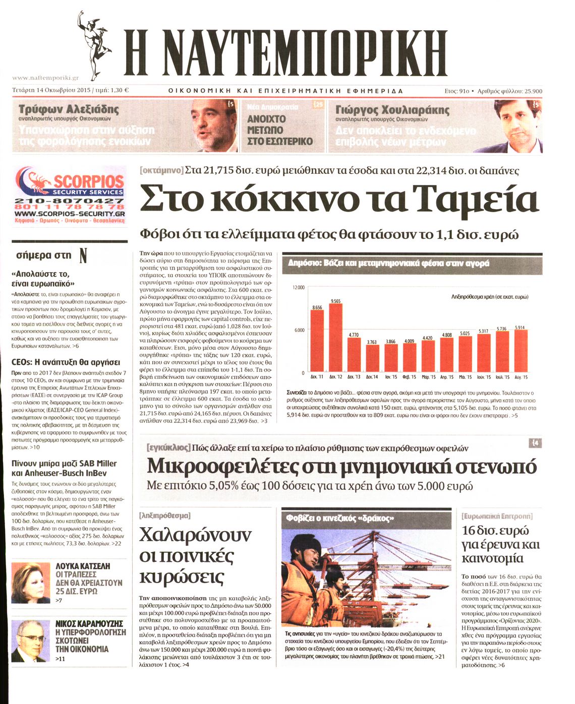 Εξώφυλο εφημερίδας ΝΑΥΤΕΜΠΟΡΙΚΗ 2015-10-14