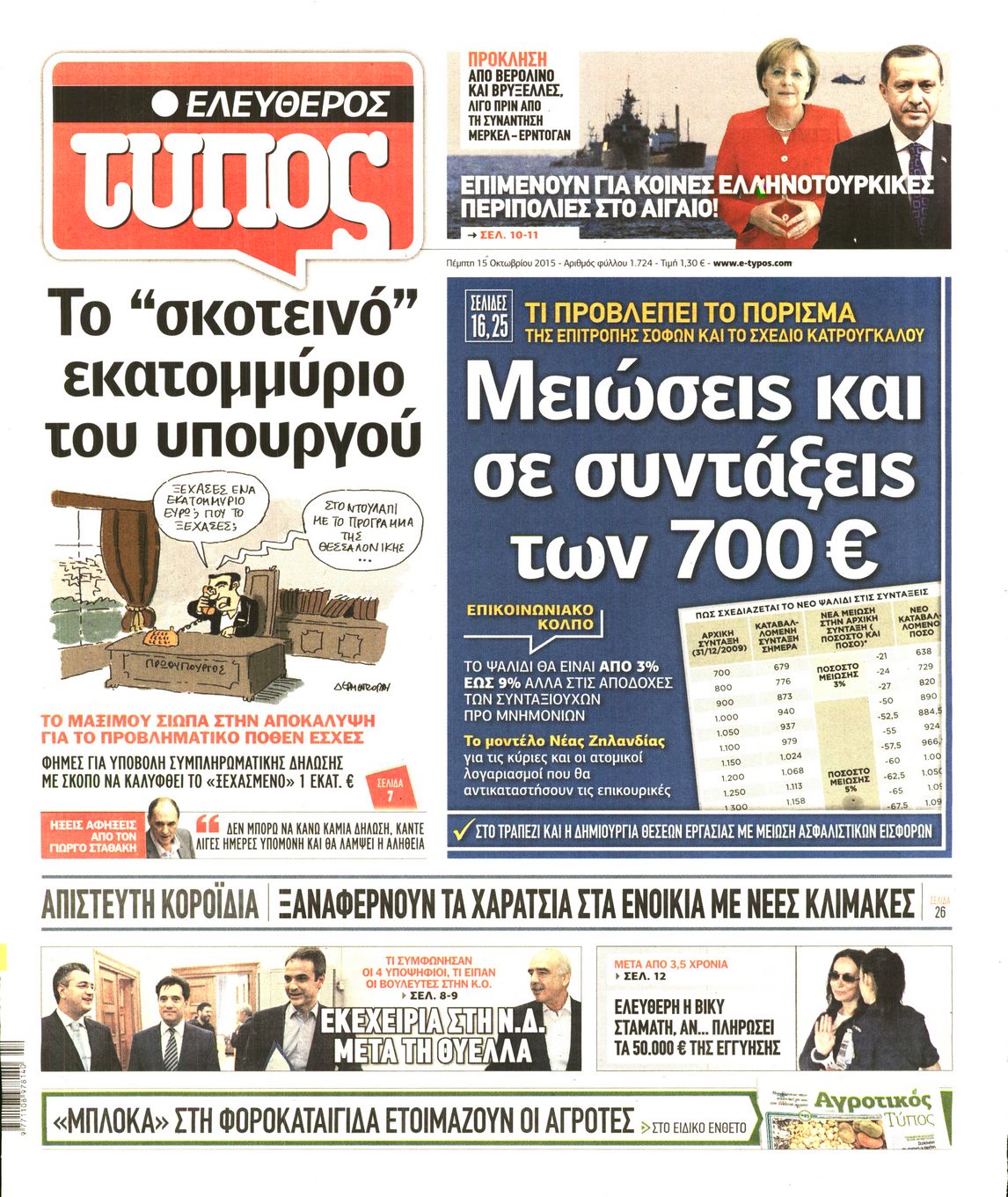 Εξώφυλο εφημερίδας ΕΛΕΥΘΕΡΟΣ ΤΥΠΟΣ 2015-10-15