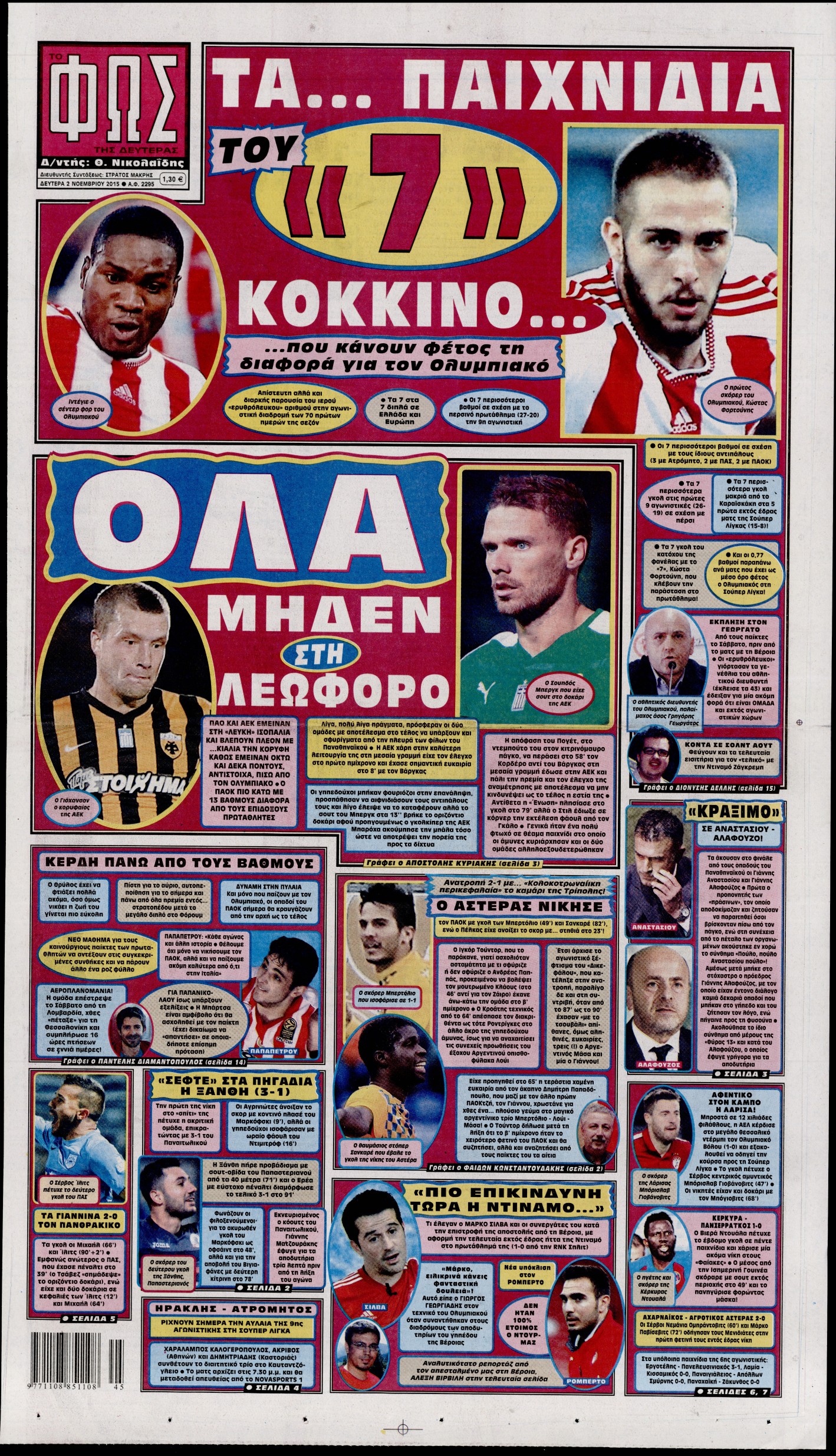 Εξώφυλο εφημερίδας ΦΩΣ ΤΩΝ ΣΠΟΡ 2015-11-02