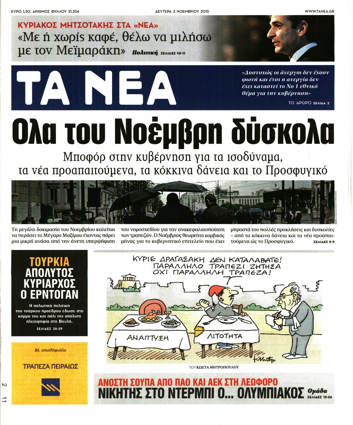 Εξώφυλο εφημερίδας ΤΑ ΝΕΑ 2015-11-02