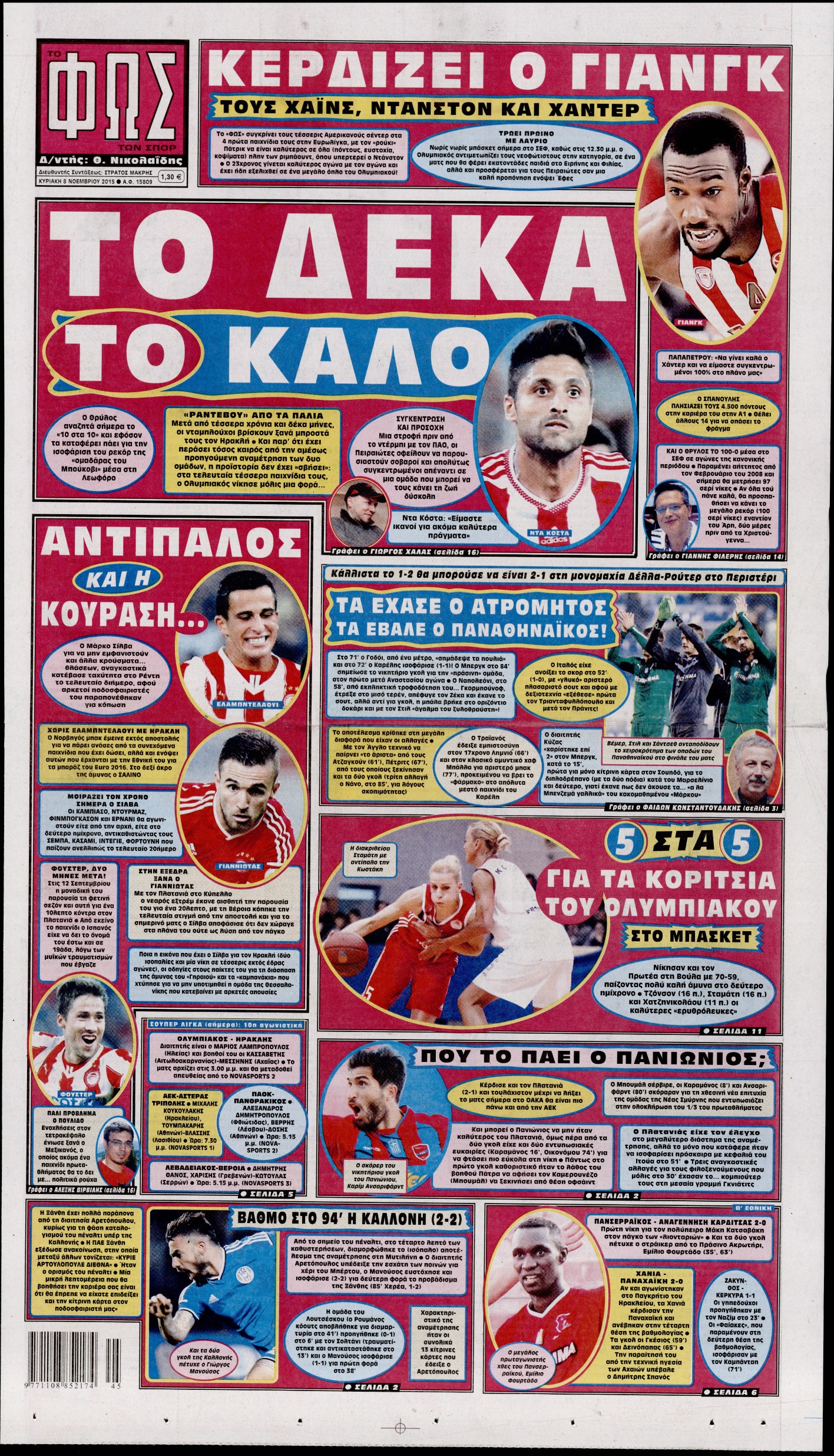 Εξώφυλο εφημερίδας ΦΩΣ ΤΩΝ ΣΠΟΡ 2015-11-08