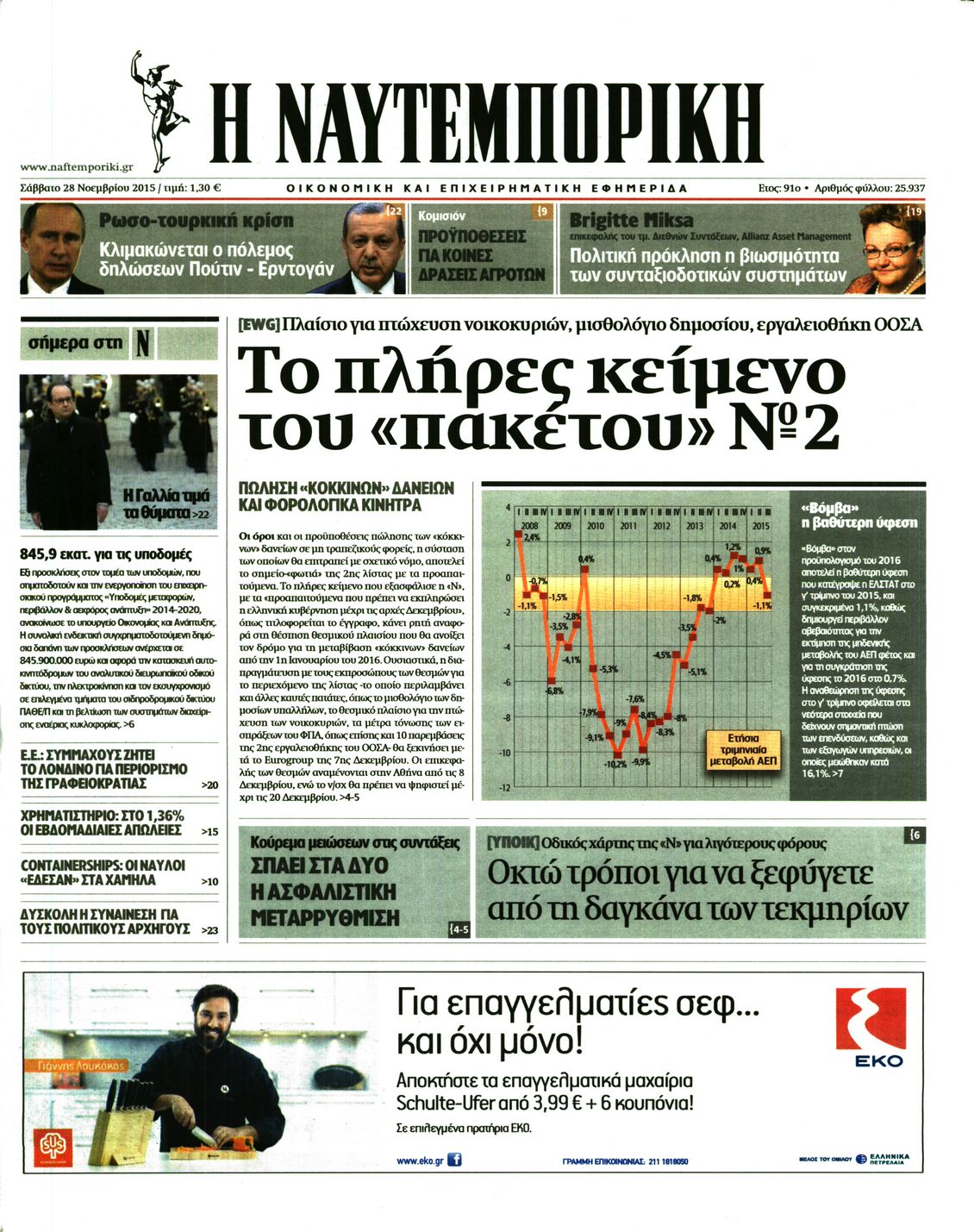 Εξώφυλο εφημερίδας ΝΑΥΤΕΜΠΟΡΙΚΗ 2015-11-28