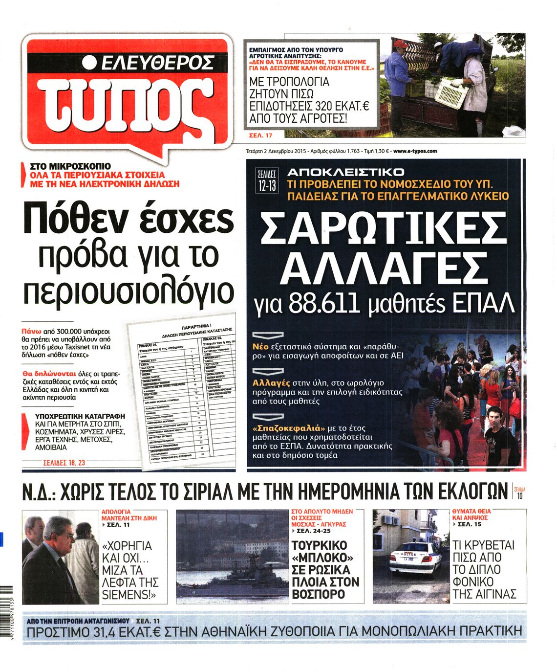 Εξώφυλο εφημερίδας ΕΛΕΥΘΕΡΟΣ ΤΥΠΟΣ 2015-12-02