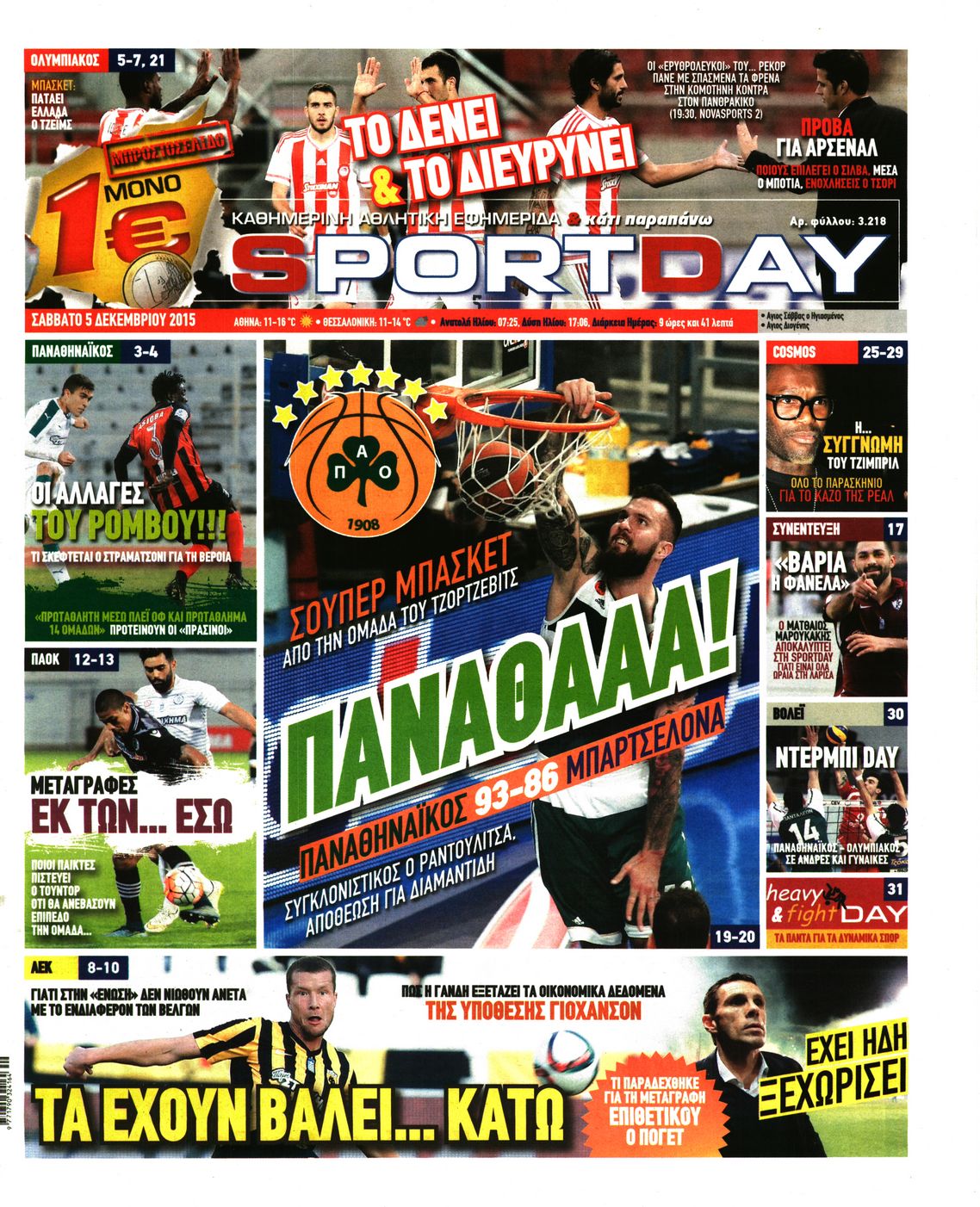 Εξώφυλο εφημερίδας SPORTDAY 2015-12-05