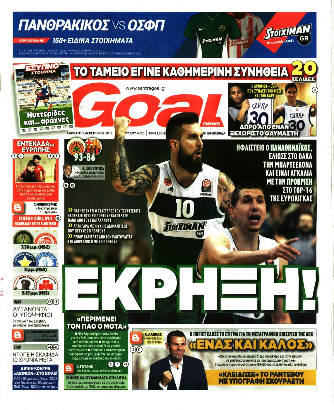 Εξώφυλο εφημερίδας GOAL 2015-12-05