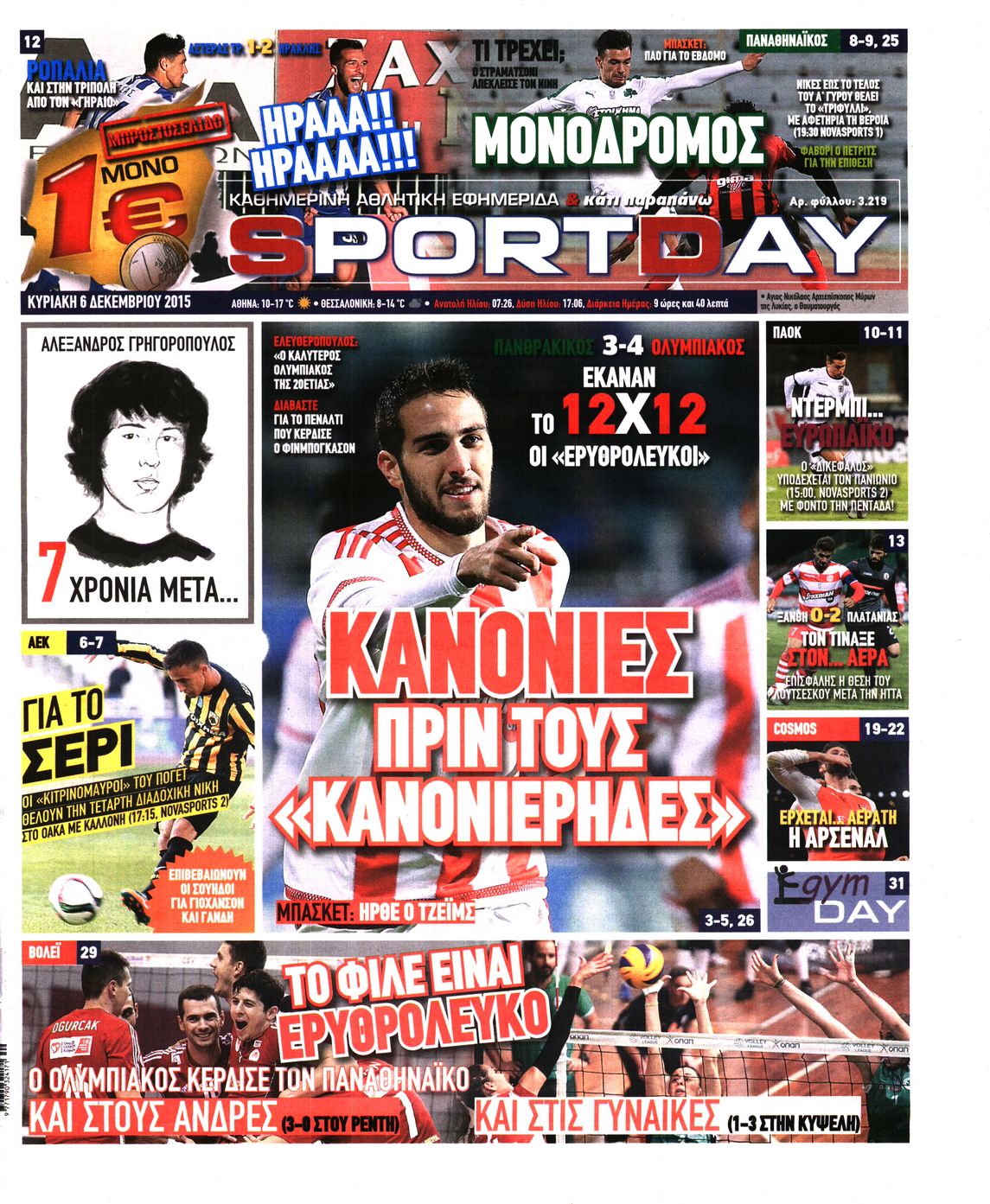Εξώφυλο εφημερίδας SPORTDAY 2015-12-06