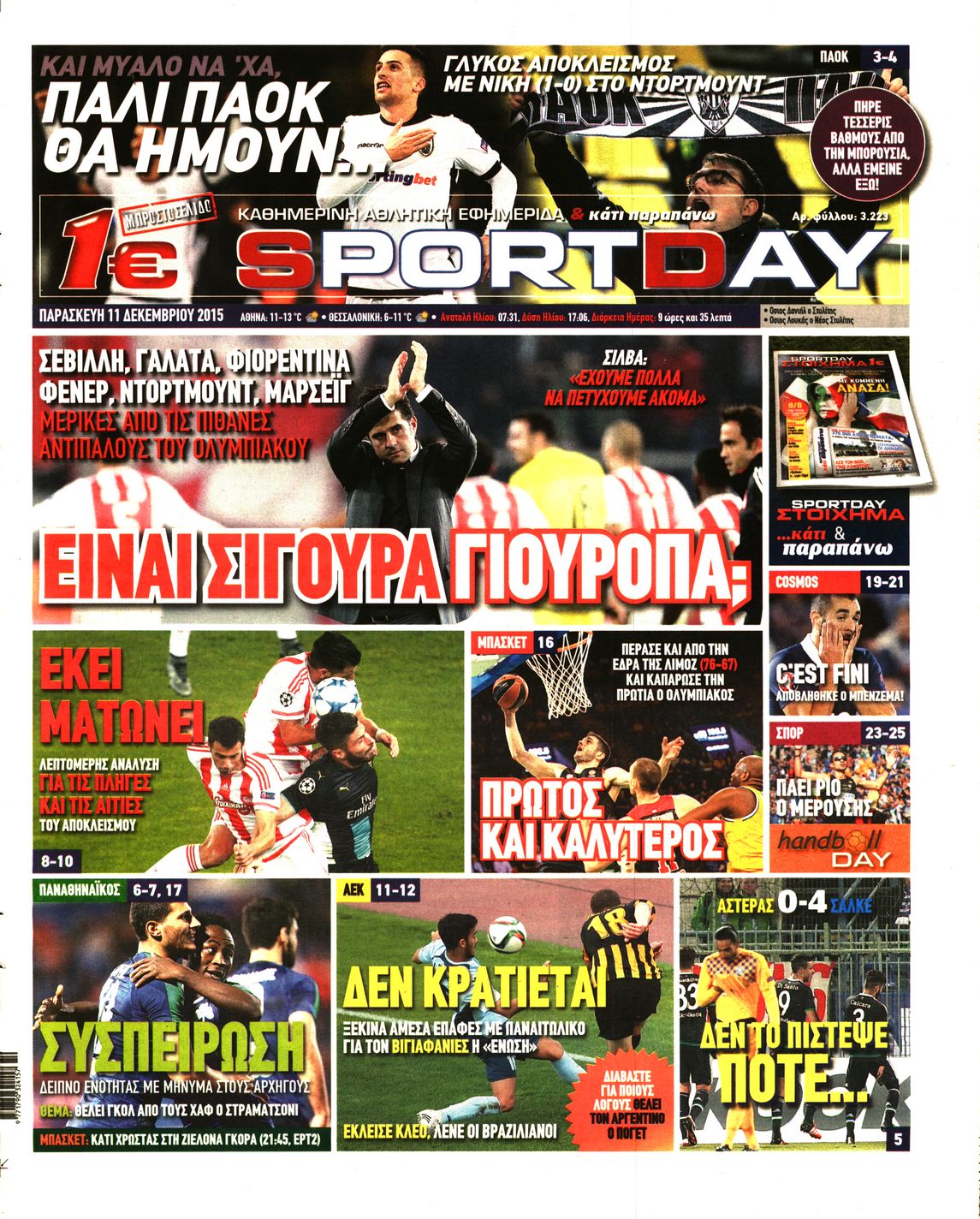 Εξώφυλο εφημερίδας SPORTDAY 2015-12-11