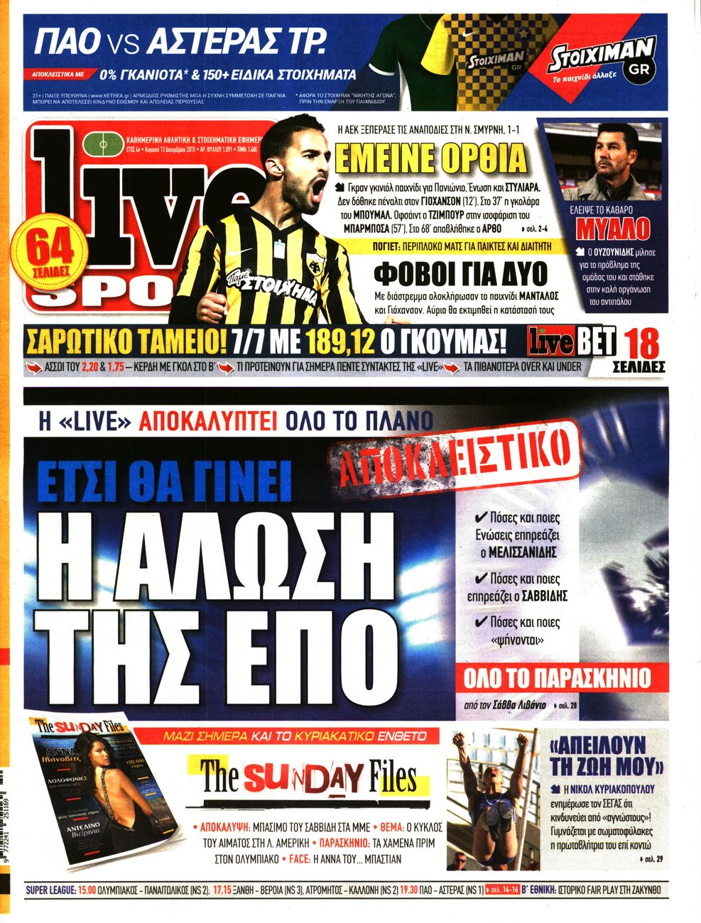 Εξώφυλο εφημερίδας LIVE SPORT 2015-12-13