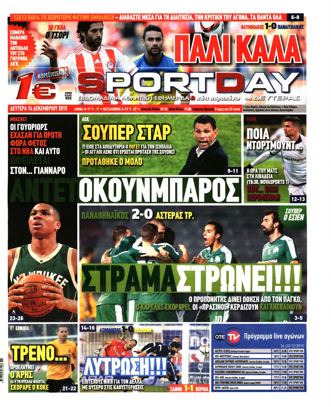 Εξώφυλο εφημερίδας SPORTDAY 2015-12-14