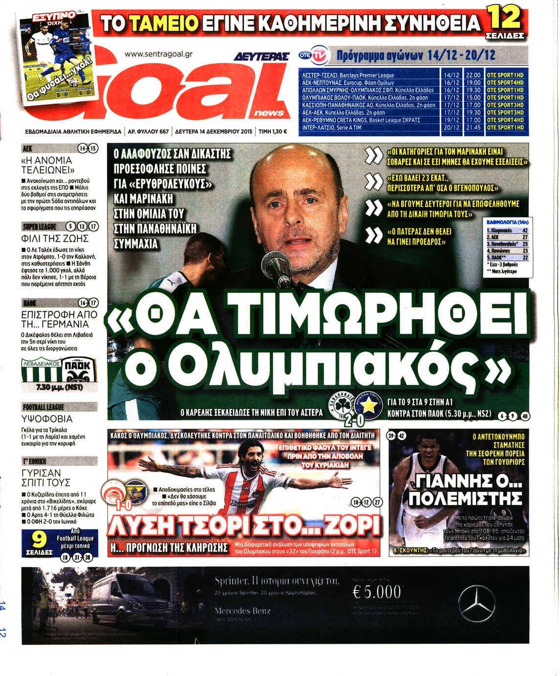 Εξώφυλο εφημερίδας GOAL 2015-12-14