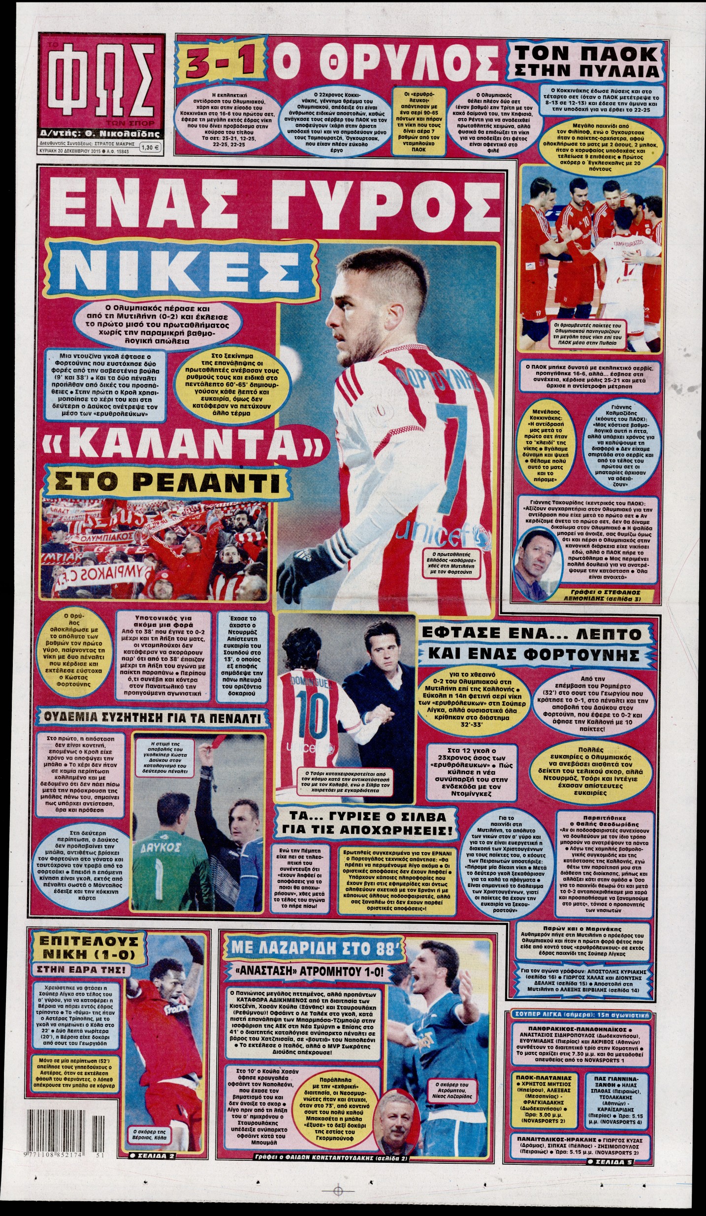 Εξώφυλο εφημερίδας ΦΩΣ ΤΩΝ ΣΠΟΡ 2015-12-20