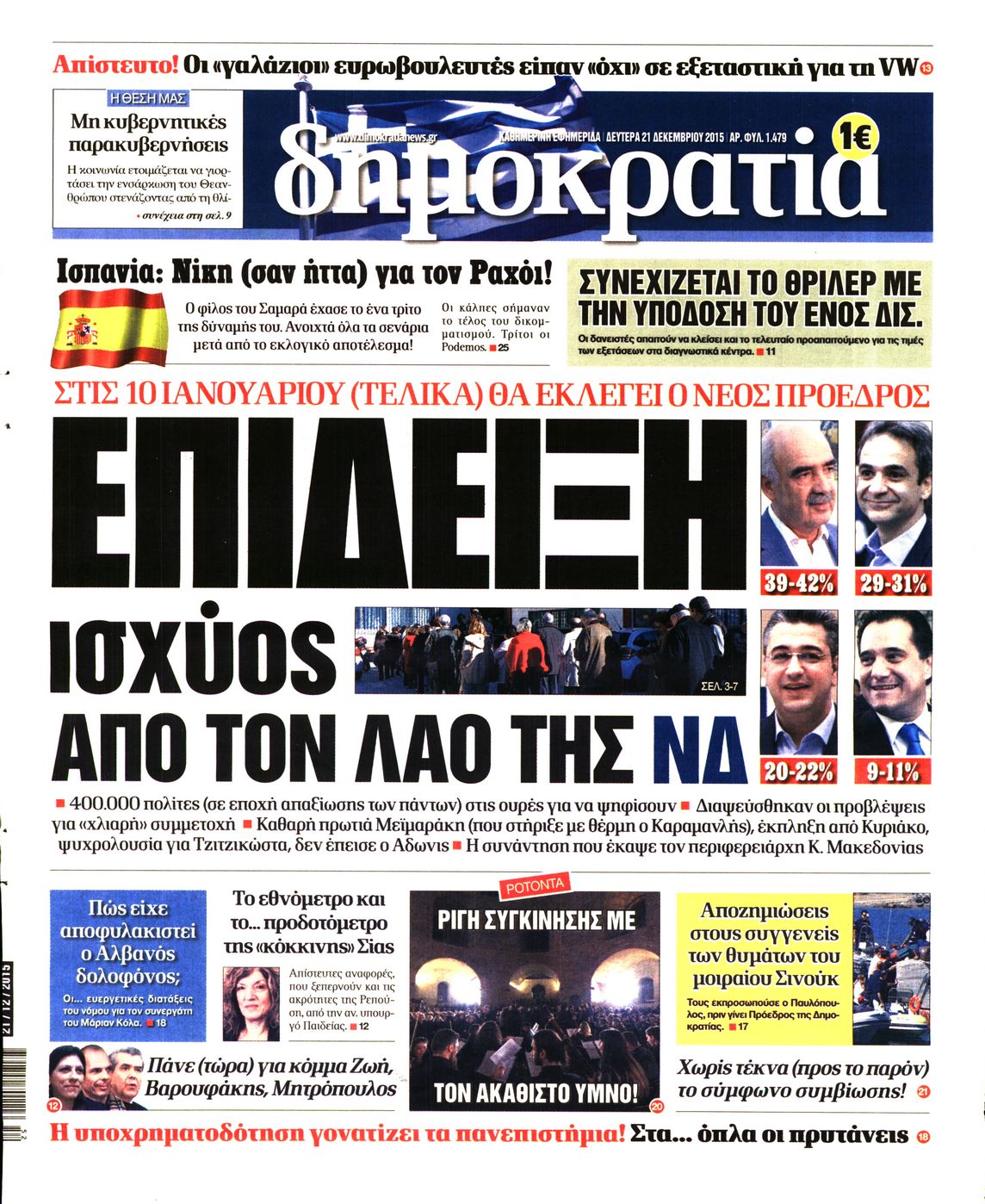 Εξώφυλο εφημερίδας ΔΗΜΟΚΡΑΤΙΑ 2015-12-21