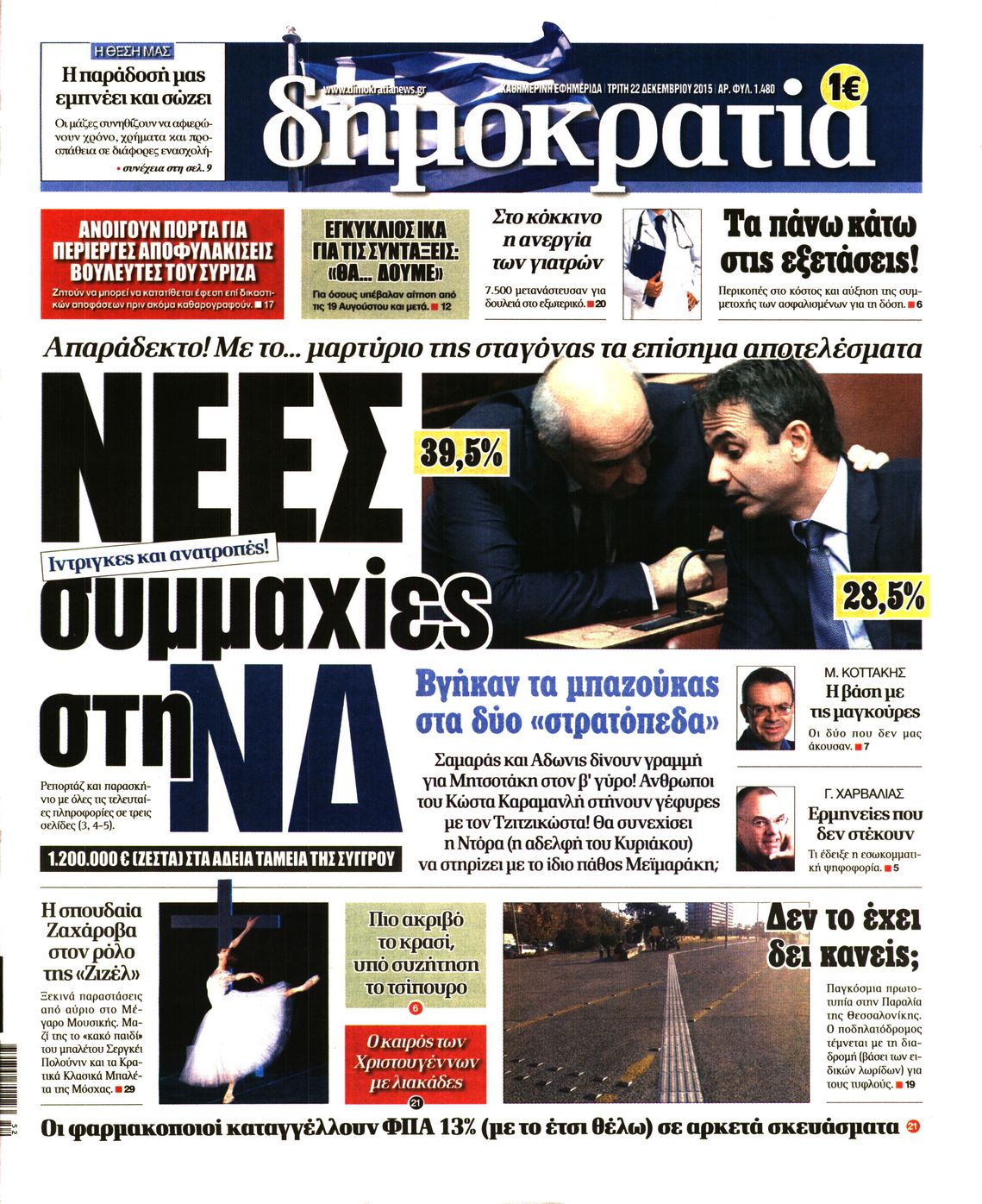 Εξώφυλο εφημερίδας ΔΗΜΟΚΡΑΤΙΑ 2015-12-22