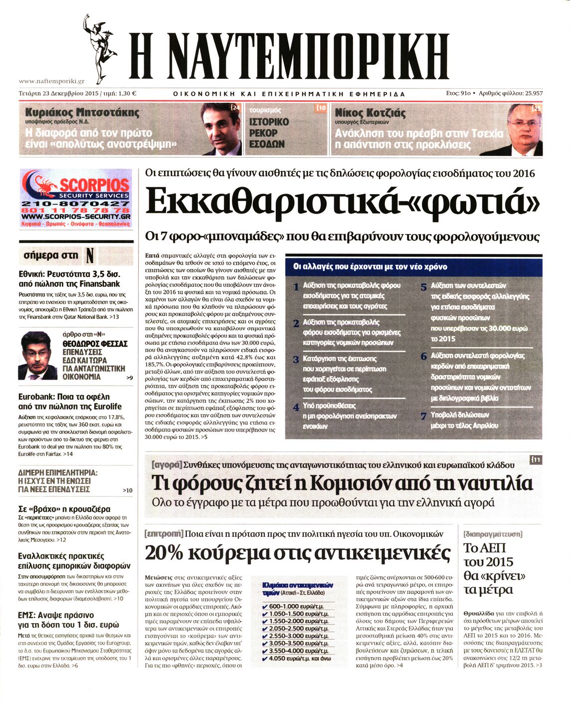 Εξώφυλο εφημερίδας ΝΑΥΤΕΜΠΟΡΙΚΗ 2015-12-23