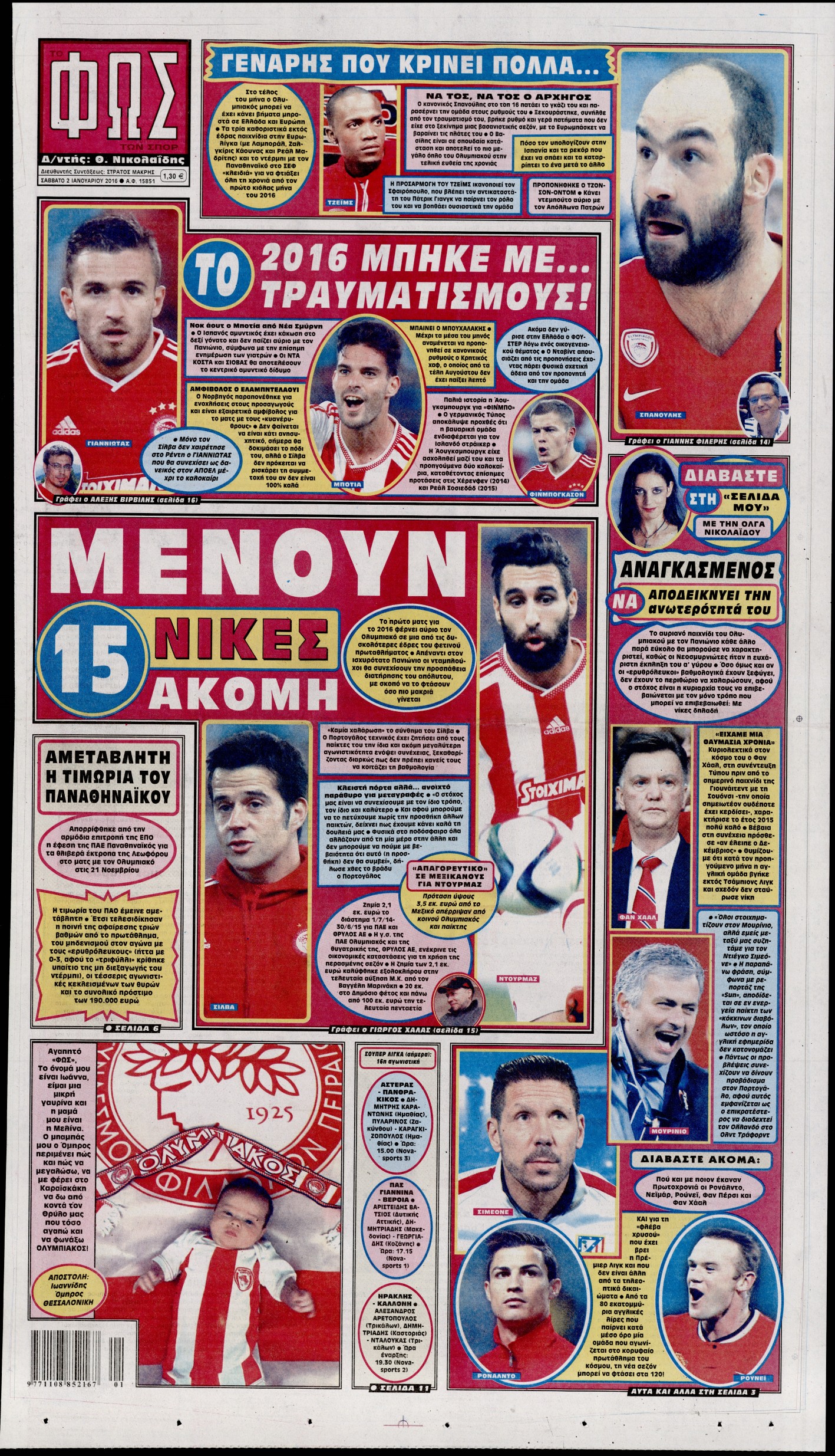 Εξώφυλο εφημερίδας ΦΩΣ ΤΩΝ ΣΠΟΡ 2016-01-02