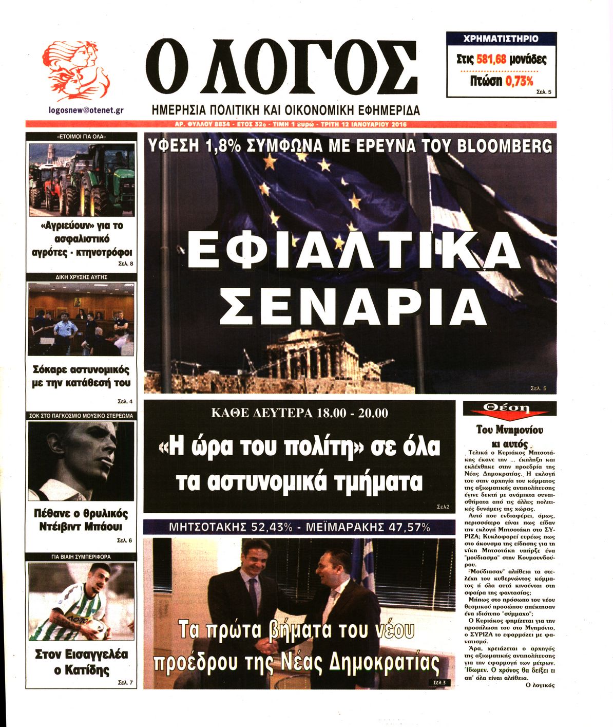 Εξώφυλο εφημερίδας Ο ΛΟΓΟΣ 2016-01-12