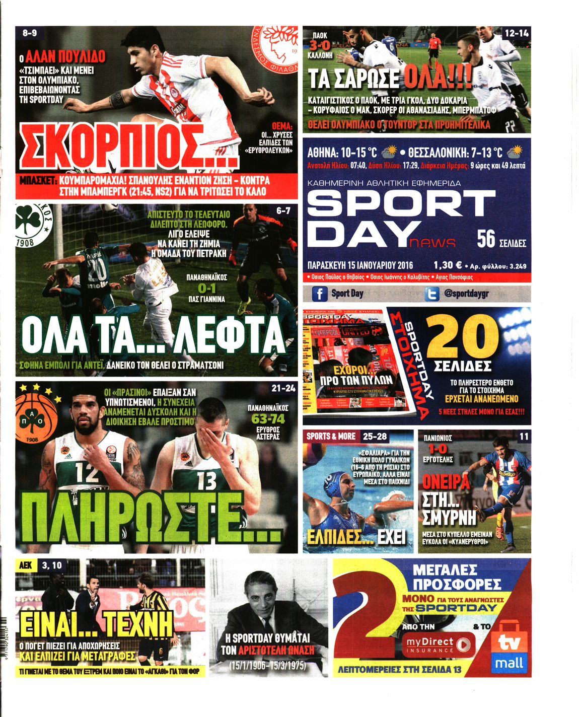 Εξώφυλο εφημερίδας SPORTDAY 2016-01-15
