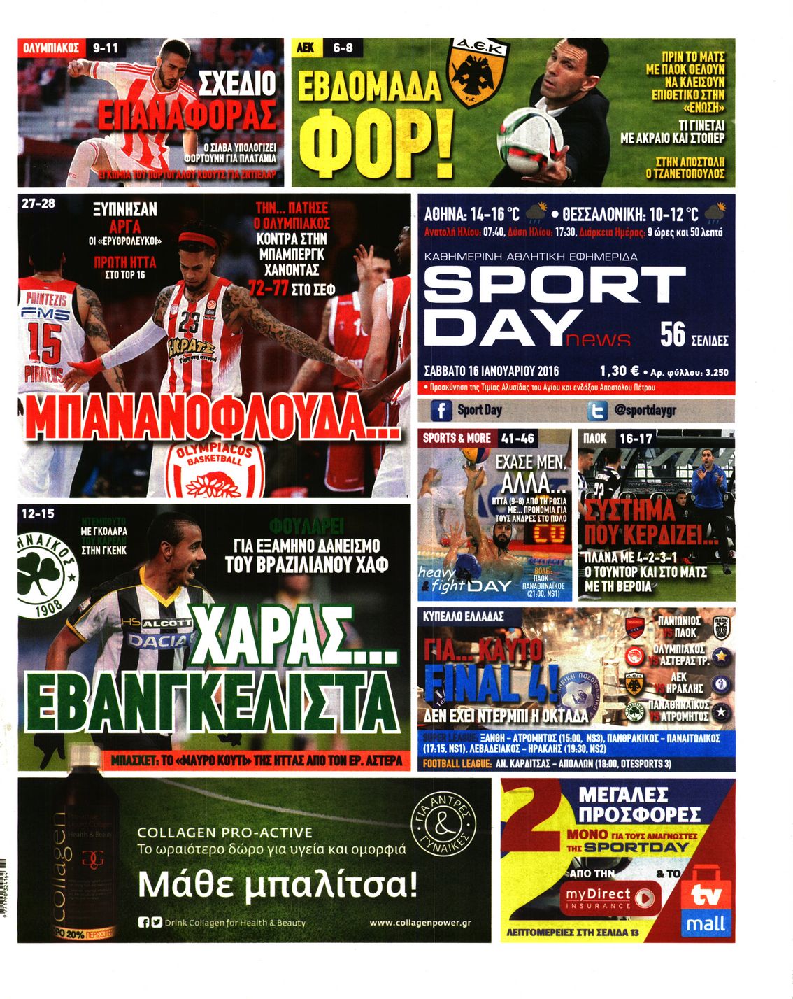 Εξώφυλο εφημερίδας SPORTDAY 2016-01-16